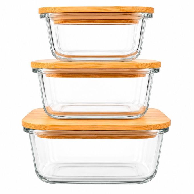 3pcs borosilicate glass food storage bowl set with wooden cover