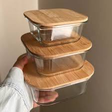 3pcs borosilicate glass food storage bowl set with wooden cover - Image 2